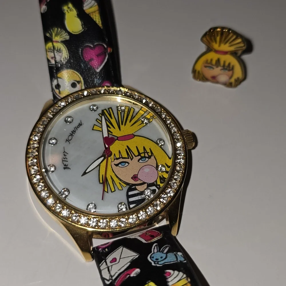 Betsey Johnson Gold Cartoon Watch with Black Strap